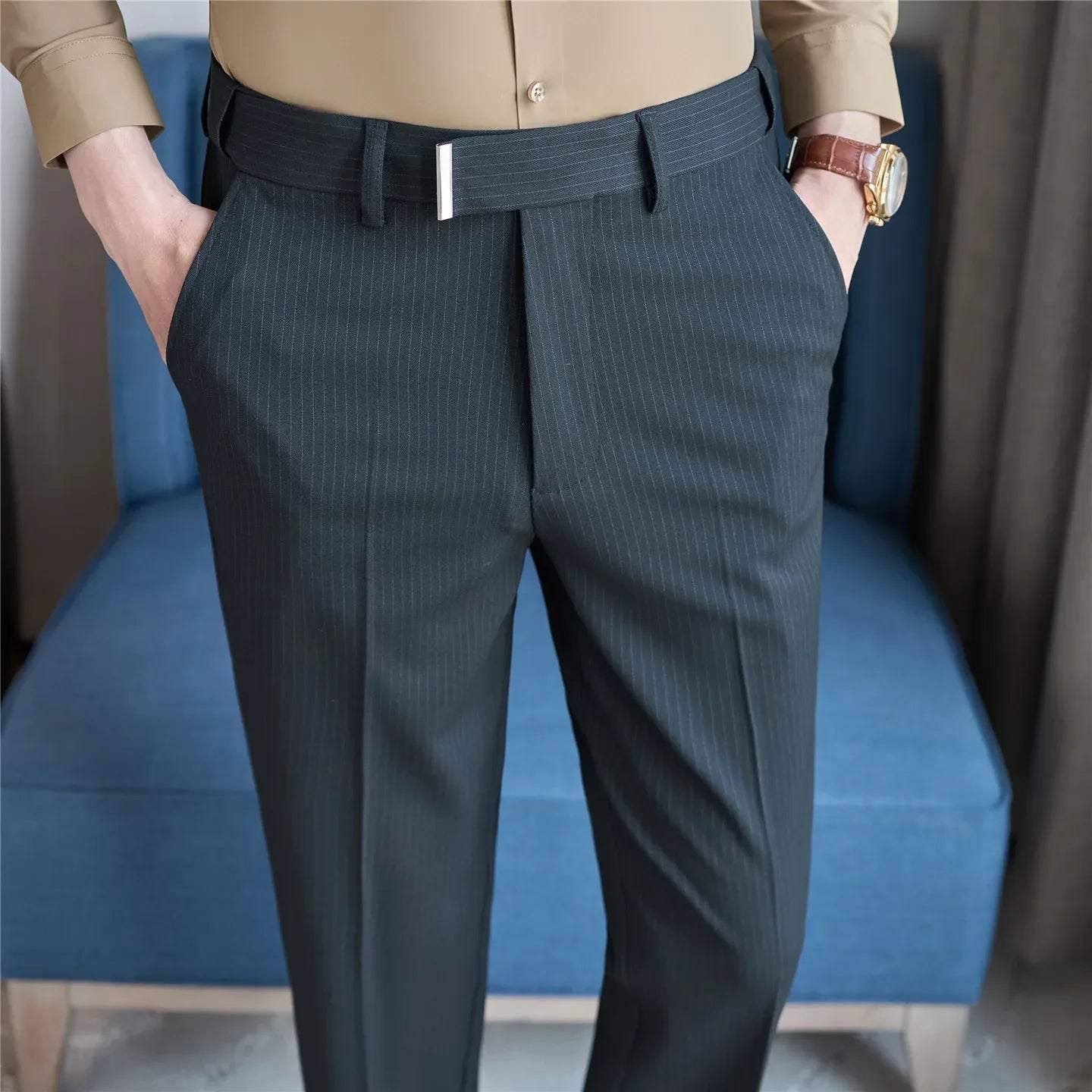 High Quality Hidden Elastic Waistband Metal Decorative Design Casual Pants Fashion Striped Slim Fit Office Social Men's Trousers