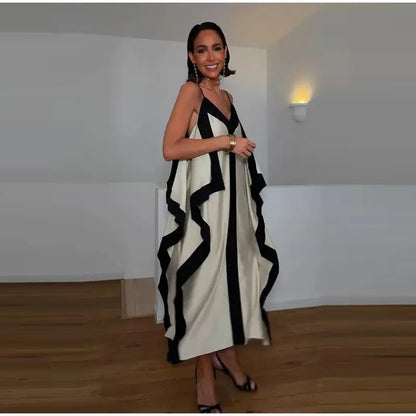 Contrast Black Trim Satin Maxi Dress Deep V Neck Loose Flowy Ruffle Hem Lady Long Gown 2026 Summer Formal Chic Vacation Dresses