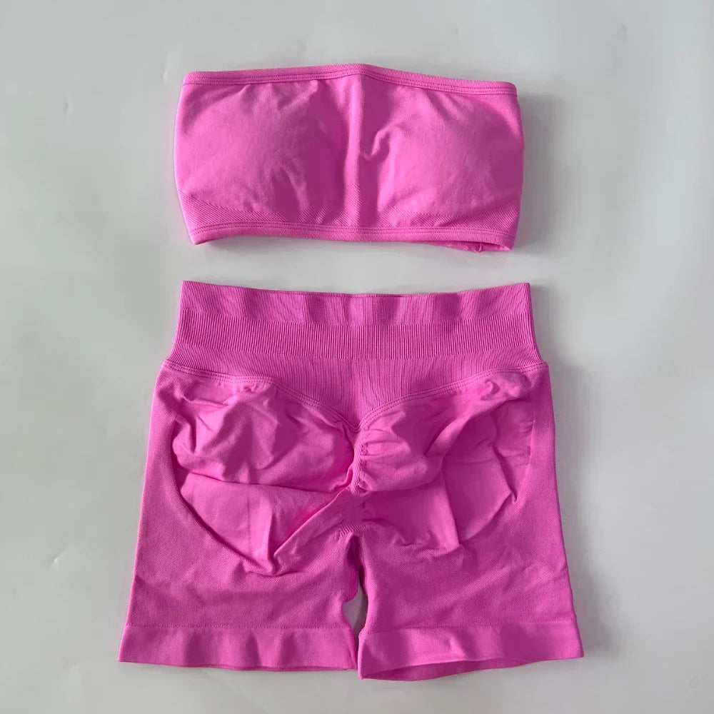 No Logo Women 2 Pieces Yoga Set Backless Bandeau Sports Bra Scrunch Shorts Yoga Clothing Gym Set Workout Clothes Outfits Sets