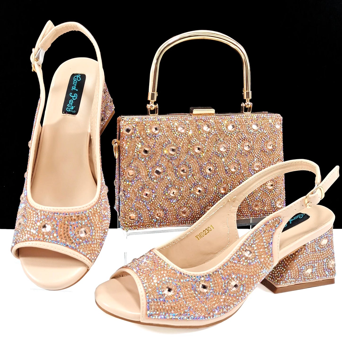 Square Heel Shoes! Hand-held Three-Dimensional Bag and Shoes Set From the Same Series/Open Toe Shoes and Evening Bag