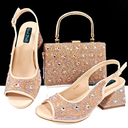 Square Heel Shoes! Hand-held Three-Dimensional Bag and Shoes Set From the Same Series/Open Toe Shoes and Evening Bag