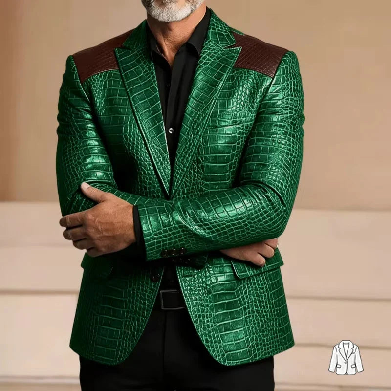 Men's Blazer Crocodile Embossed Leather Suit Jacket Shoulder Patch Notch Lapel Two Button Sport Coat Business Casual Flap Pocket