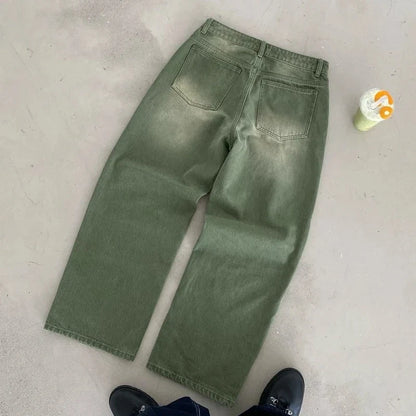 Y2K Retro Matcha Denim Jeans Washed Billiard Embroidered Denim Pants London Fashion New York Style Streetwear Unisex Baggy Jeans