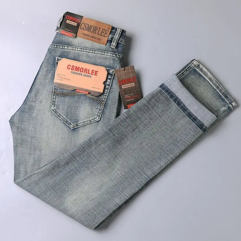 2025 Autumn New Slim Straight Jeans Men's Vintage Grey Elastic Cotton Fashion Casual Wash Denim Pants Korean Male Trousers