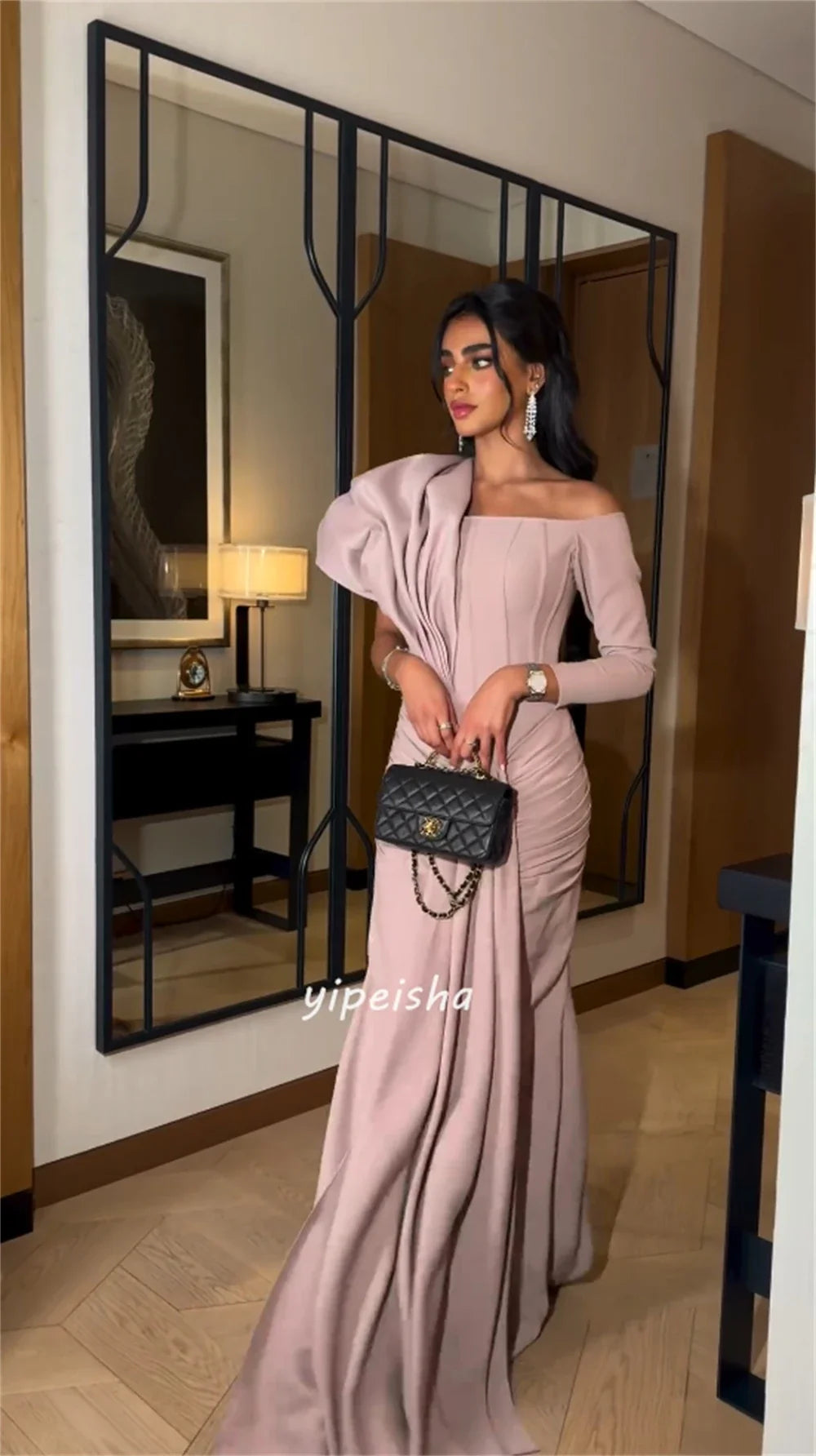 Customized Chinese Style Jersey Ruched A-line One-shoulder Long Dresses Prom Dresses Formal Casual Simple Retro Fashion Elegant