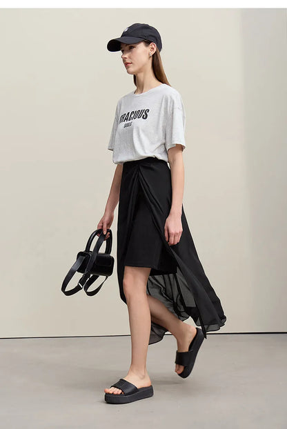 Women's Skirt 2026 Summer Elegant Chiffon Midi Skirt Pleated Side Slit Office Casual Versatile Women's Clothing 12612002