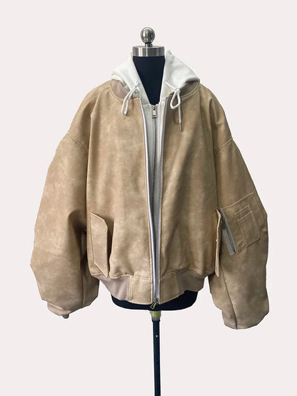 Spring Oversized Vintage Black Faux Suede Leather Jacket Men Zipper Fake 2 Piece Luxury Designer Clothes Hoodie 2024