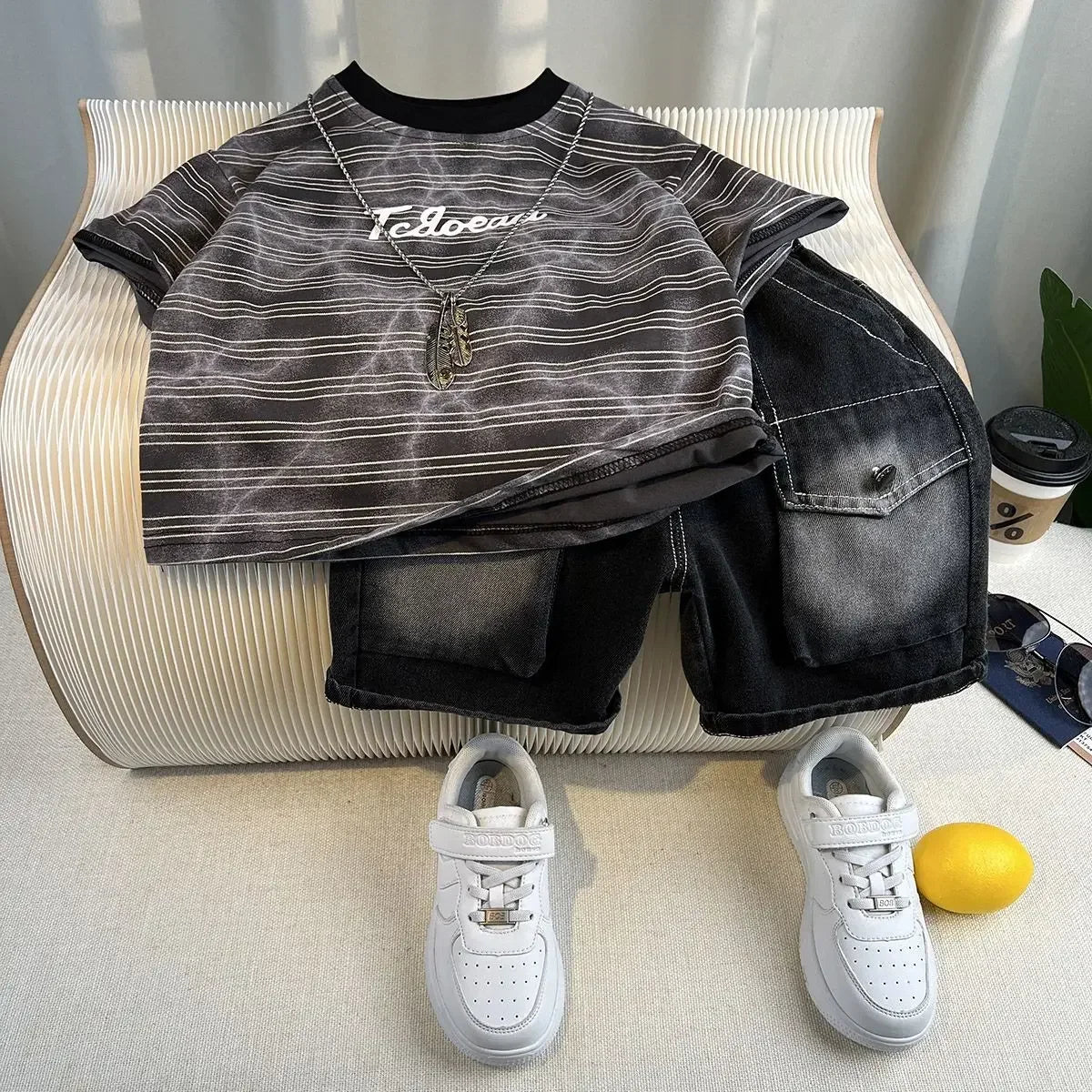 Korean Children's Summer Clothes Kids Set Outfits Boys 2026 Handsome Sleeveless&Short Sleeved T-shirt Denim Shorts 2-piece Set