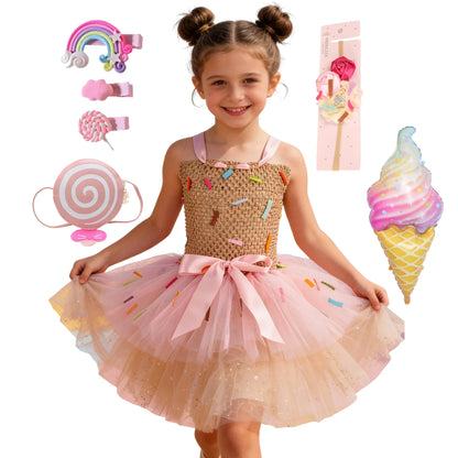 Sweet Ice Cream Candy-Themed Girls Dress for Kids Birthday Carnival Party Rainbow Tutu Children's Costume Wedding Outfits