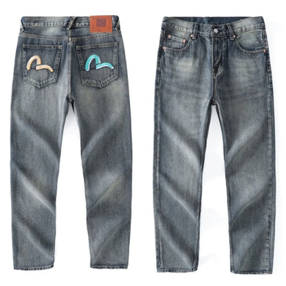 Japanese Handmade Embroidered Jeans Men's Pure Cotton Straight Tube Hip-Hop Popular Slim Red Ears Show Thin Trousers Devil Big M