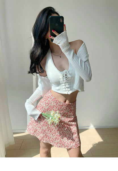 2024 Summer New Retro Vacation Style Small Floral Half Skirt High Waisted Wrap Buttocks Elegant Sweet Slim Short Skirt 06AH