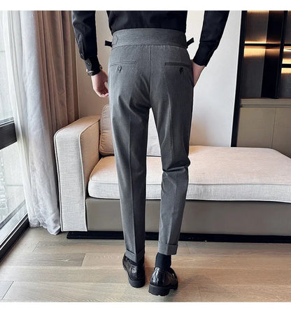 Autumn Winter High Waist Business Dress Pants Men Casual Belt Design Slim Suit Pants Formal Wedding Social Party Male Trousers
