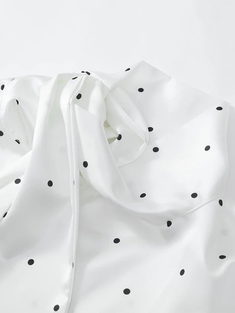 Satin Scarf Neck Polka Dot Printing Women Blouse Fashion Full Sleeve Loose Basic Shirt Lady Autumn New Highstreet Commute Wear