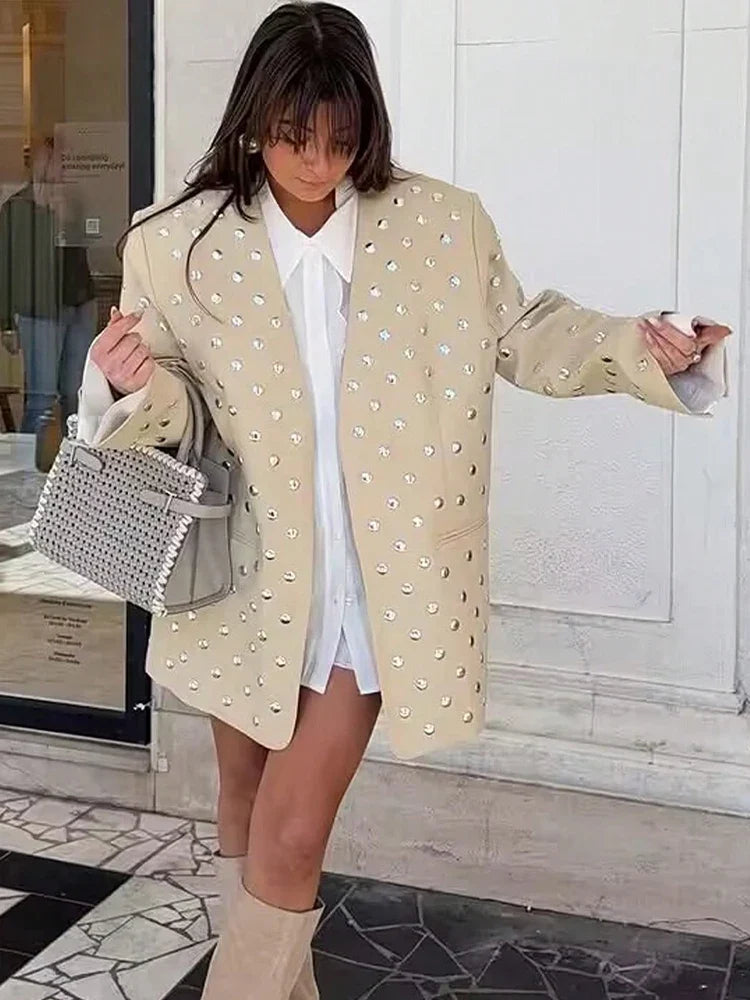 Women's Rivet Decoration Casual Blazer Long Sleeve V Neck Beige Spring Fall Coat