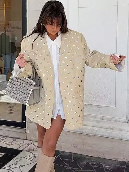 Women's Rivet Decoration Casual Blazer Long Sleeve V Neck Beige Spring Fall Coat