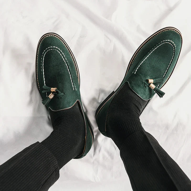 New Fashion Tassel Leather Men Shoes Slip On Loafers Round Toe Patchwork Suede Dress Shoes Man Daily Wedding Party Shoes for Man