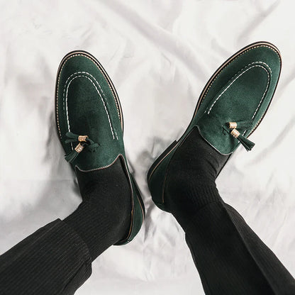 New Fashion Tassel Leather Men Shoes Slip On Loafers Round Toe Patchwork Suede Dress Shoes Man Daily Wedding Party Shoes for Man