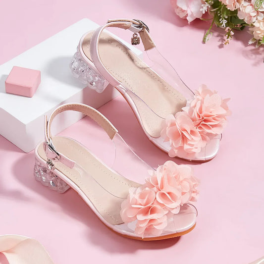 2025 New Fashion Flower Girl Princess Sandals Summer Fish Mouth Transparent Thick Heel Open Toe Children's Sandals High Heels