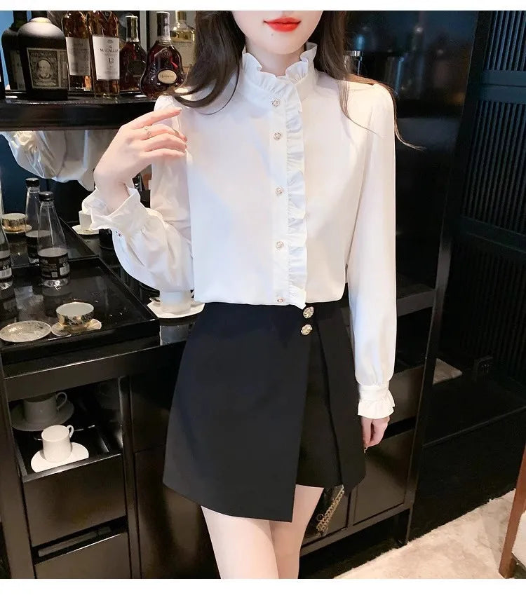1pcs Woman Spring Autumn French Style Elegant Shirts Lady Fashion White Shirt Female Casual Long Sleeve Half High Collar Tops