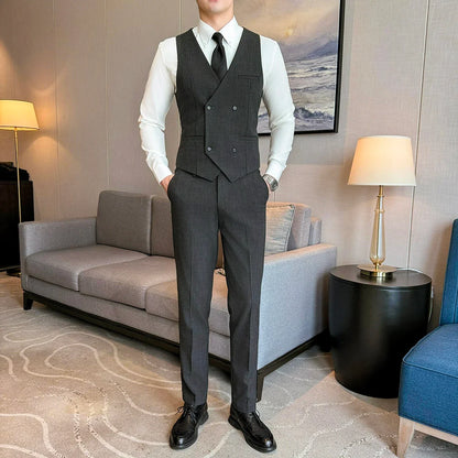 ( Vest + Pants) Men Double Breasted Striped Suit Vest 2 pieces Fashion Business Slim Fit Wedding Dress Sleeveless Vest Sets
