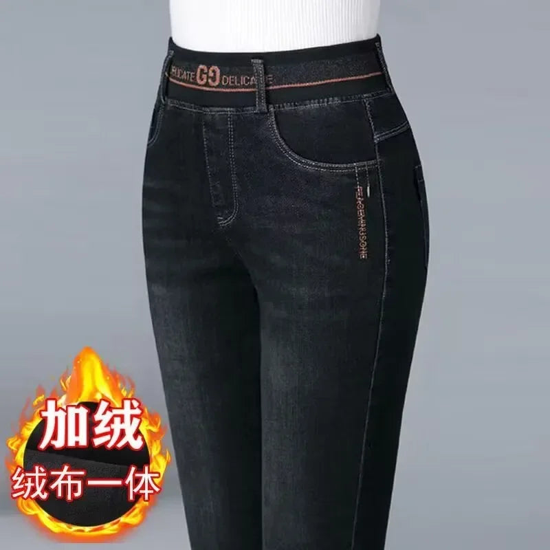 Winter Plus Velvet Stretch Jeans Women Oversize 40 High Waist Skinny Vaqueros Thick Warm Denim Trousers Fashion Mom Pencil Pants