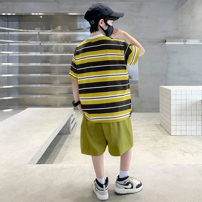 Elegant Children Summer Suit Outfit for Boy Striped Top and Bottom Set Kids Teenagers Cotton T-shirt Shorts 2 Pieces Clothes Set