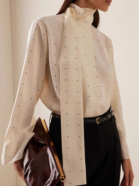 Satin Scarf Neck Polka Dot Printing Women Blouse Fashion Full Sleeve Loose Basic Shirt Lady Spring New Highstreet Commute Wears