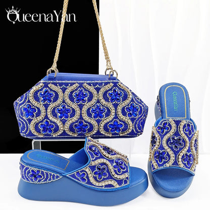 New Arrival Mature Style Platform Design Rhinestone Decoration Peep Toe Lady Shoes and Bag Set for Party Wedding