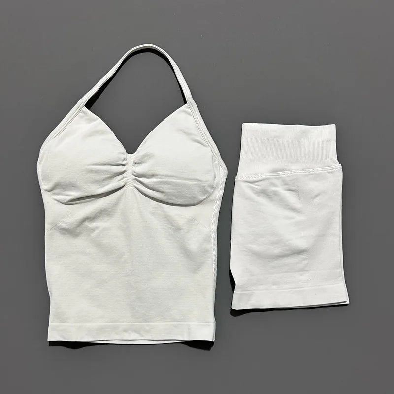 No Logo 2 Pies Sports Set Women Backless Tank Yoga Tops High Waist Scrunch Seamless Shorts Sport Gym Set Sportswear Workout Set