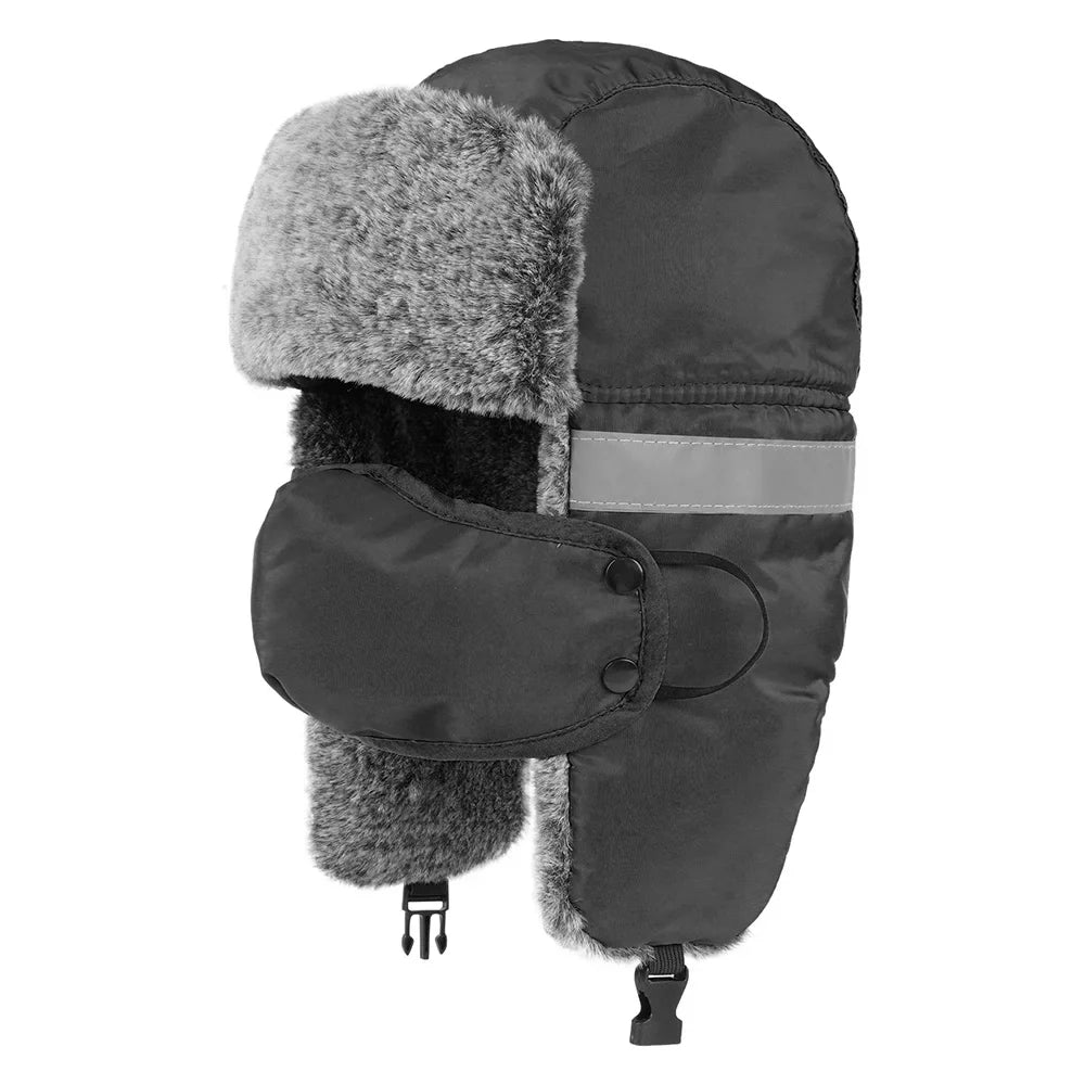 Men's Outdoor Fleece-Lined Thick Warm Reflective Strip Lei Feng Hat with Removable Mask Ear Flap Bomber Hat Winter Pilot Cap