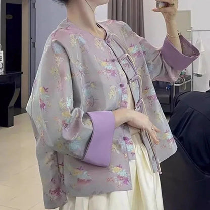 Print Top 2024 New Chinese Style Women's Purple Youth Edition Short Stand Collar Button Coat Women's Spring Autumn Style Elegant