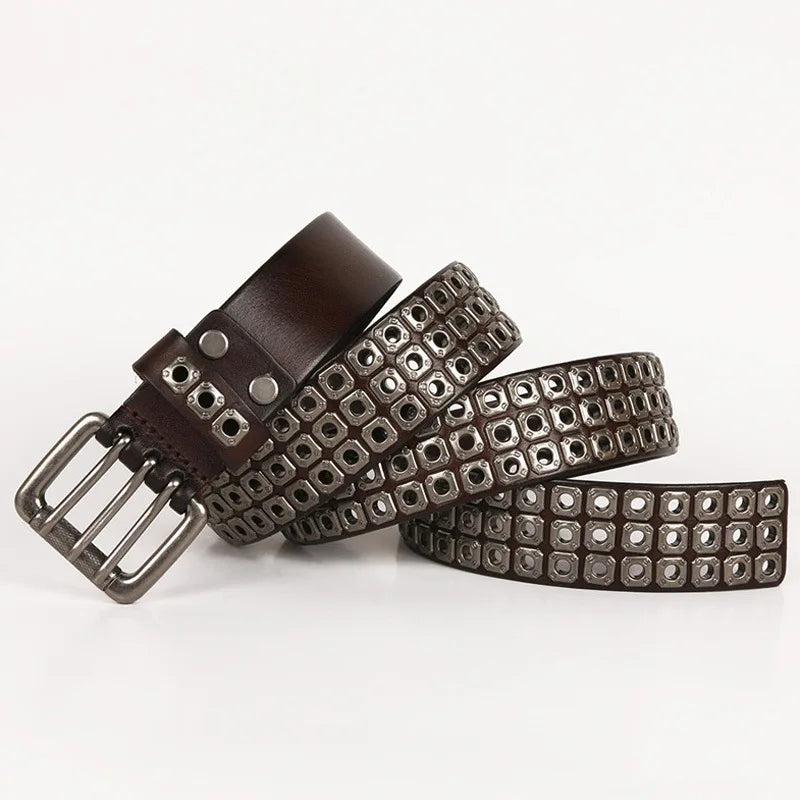 3 Needles Heavy Metal Cowboy Punk Belt Real Genuine Leather Hip Hop Belts Men Cross Square Rivet Jeans Belt Male Strap Studded