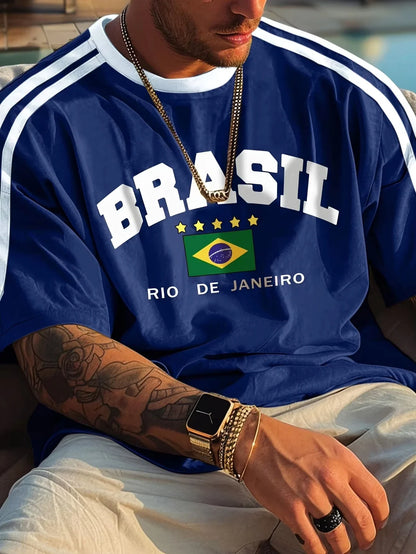 Retro Brasil Rio de Janeiro T-Shirt, Men Women Oversized Brazil Flag Print Casual Streetwear Short Sleeve Top Football jersey