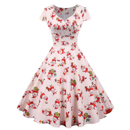 Fashion V-neck Short Sleeve Printed Christmas Dress Large Swing Vintage Elegant Xmas Party Dress