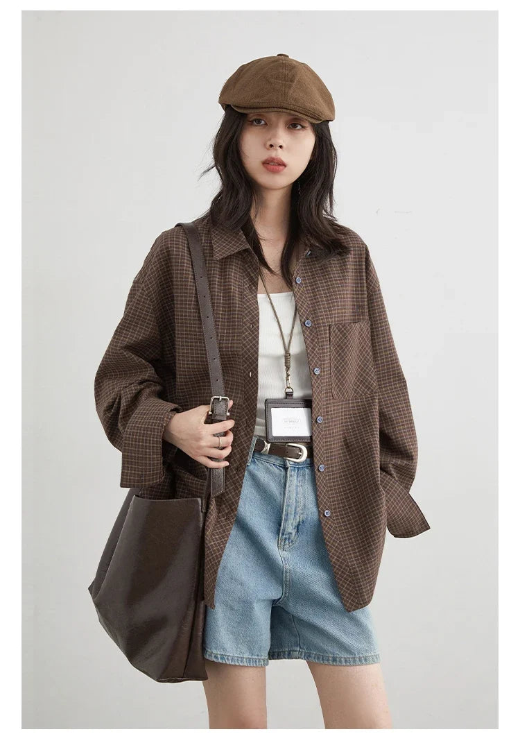 Women Shirt Loose Casual Single-breasted New Retro Contrast Plaid Embroidered Blouses Female Top Autumn Winter 2026