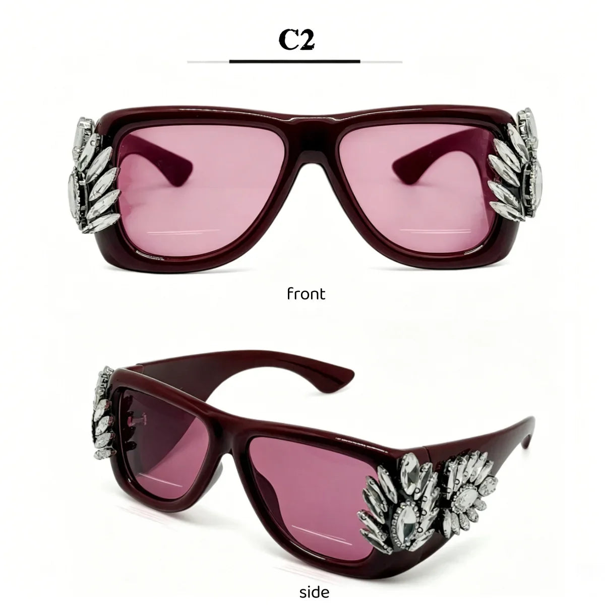 Women Oversized Square Cat Eye Sunglasses Luxury Rhinestone Floral Side Decor UV400 Thick Frame Shades for Party Nightclub