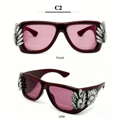 Women Oversized Square Cat Eye Sunglasses Luxury Rhinestone Floral Side Decor UV400 Thick Frame Shades for Party Nightclub