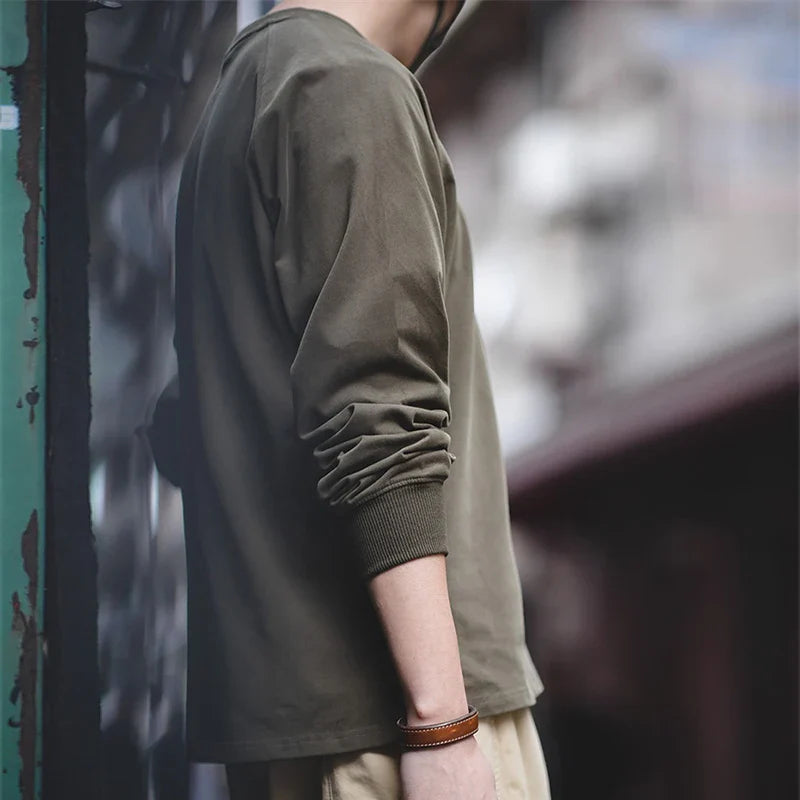 100% Cotton Loose Crew Neck Long Sleeve T-shirts Men's  230g Thin Breathable Tee Shirt Basic Solid Color Oversized Tops