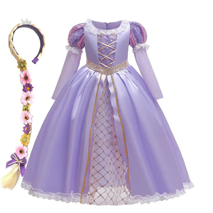 Girl Elegant Dress Kids Rapunzel Costume Children Halloween Birthday Sequin Tangled Dress Girl Carnival Lace Princess Party Gown