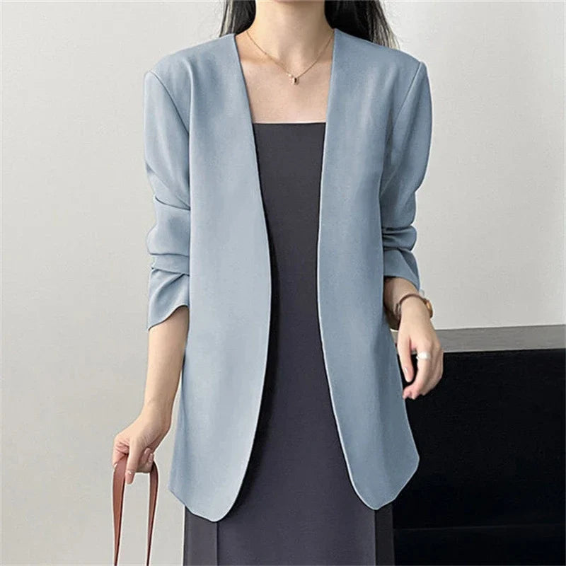 Fashion New Solid Casual Joker Women's Blazer Spring Autumn No Placket Cardigan Suit Jackets V-neck Long Sleeve 19-Color Coats