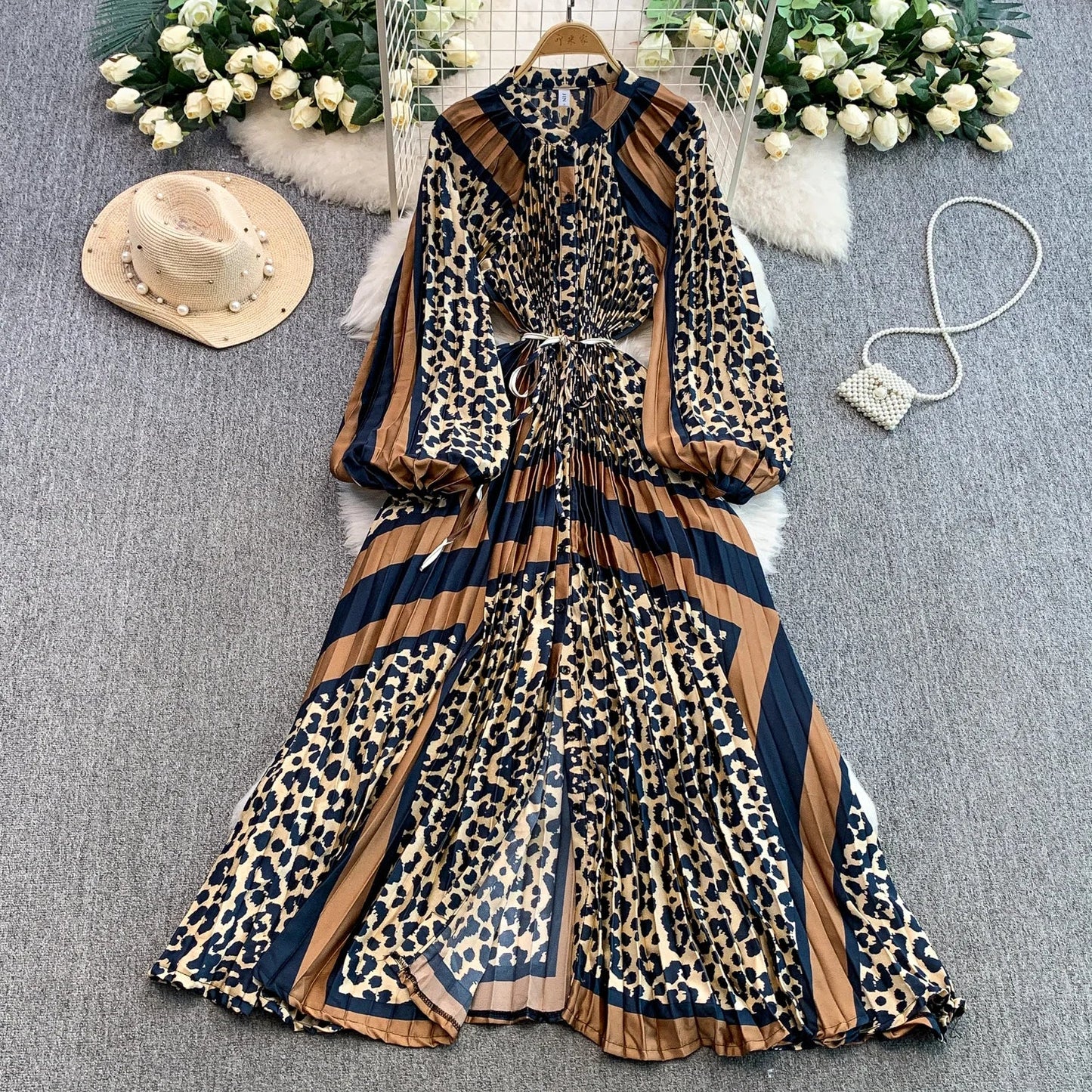 Ele Printed round Ne Lantern Sve Dr Women's Single Button Waist Cinch Maxi Skirt Long Dr Commute Sle Autumn