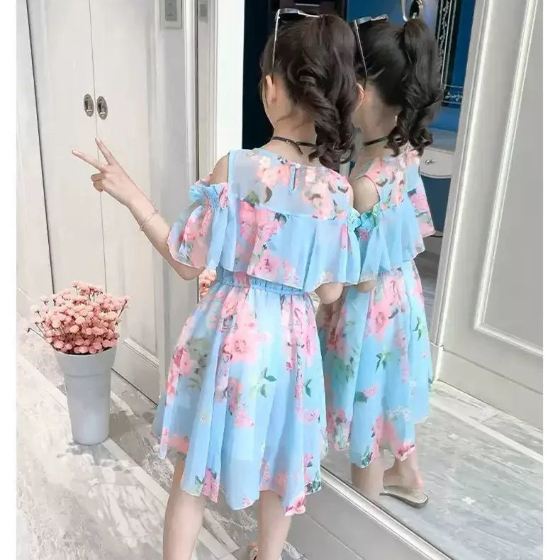 Thin Girl Summer Dress Robe Fille Floral Chiffon Princess Dress Children's Clothing Summer Girls Casual Dresses Kids Vestidos