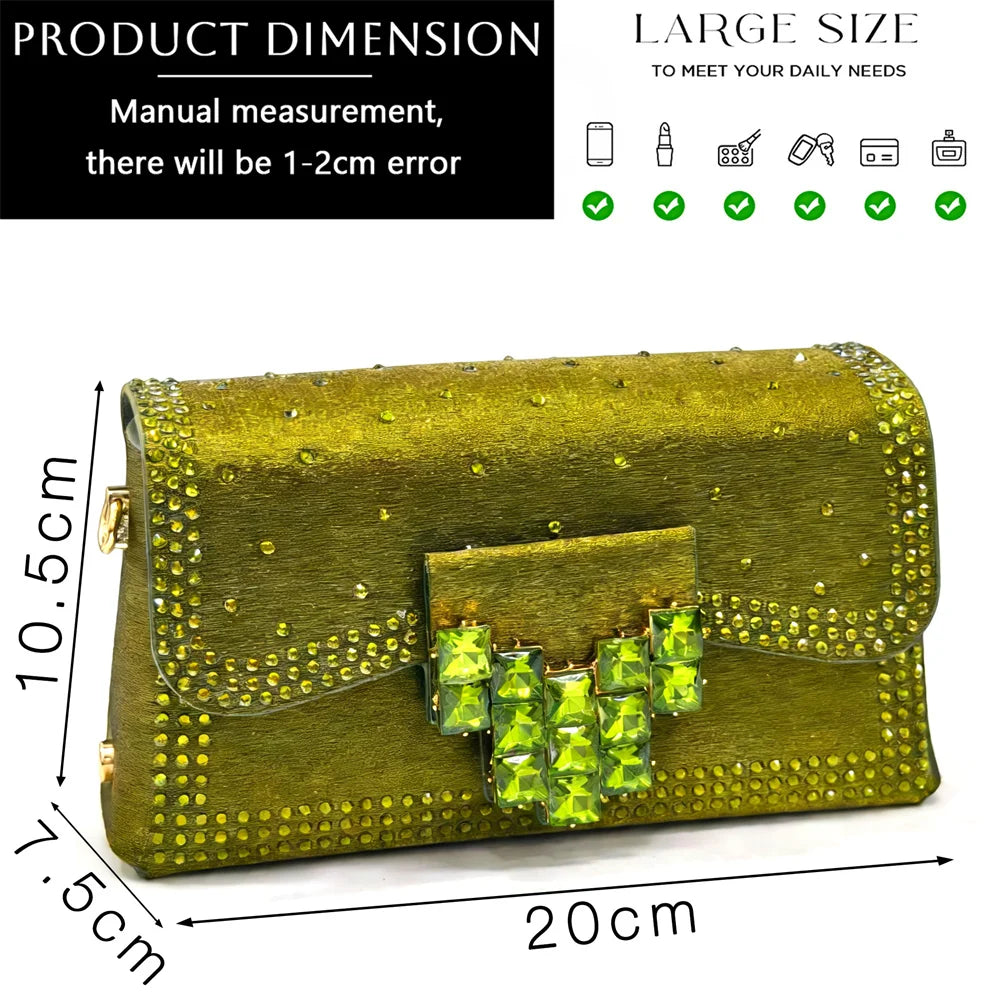2026 INS Italian Design Olive Green Rhinestone Pointed-Toe Women's High Heels & Matching Bag Set - Ideal for Parties & Weddings