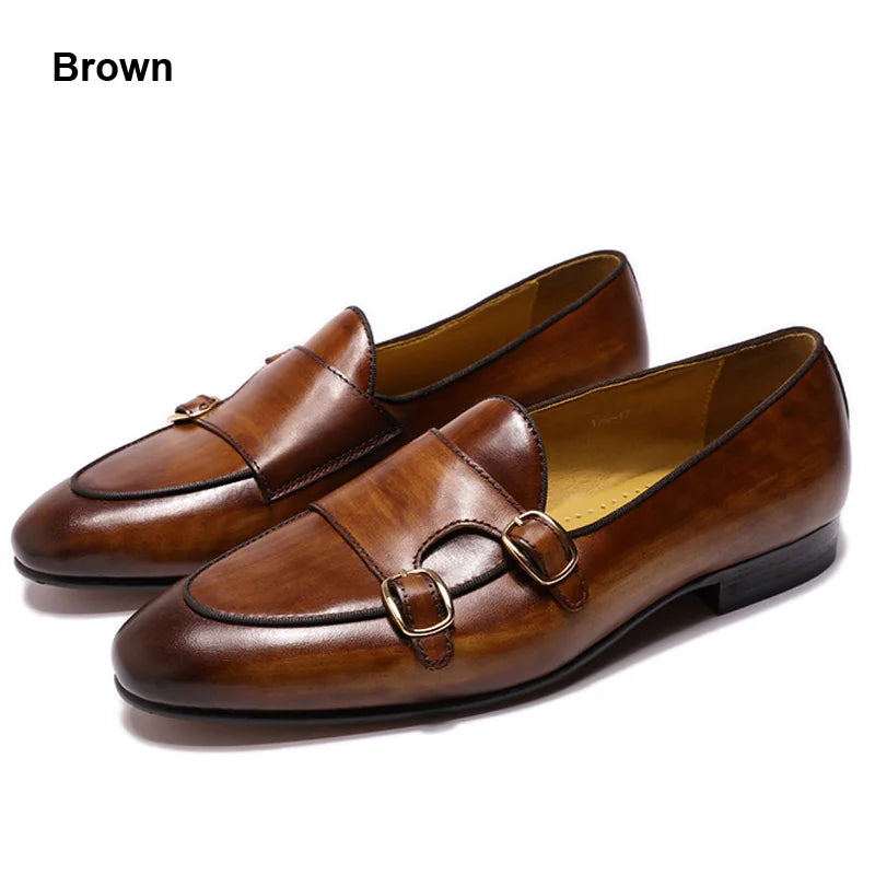 Men's Genuine Leather Loafers Handmade Monk Strap Casual Dress Shoes for Wedding Party Summer Autumn Footwear