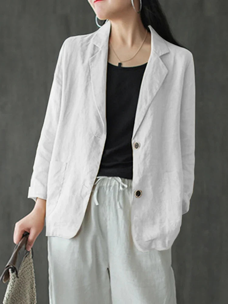 Women Lapel Neck Long Sleeve Blazer Autumn Vintage Casual Solid Cotton Blazer Elegant Cardigan Thin Coats Work Suits