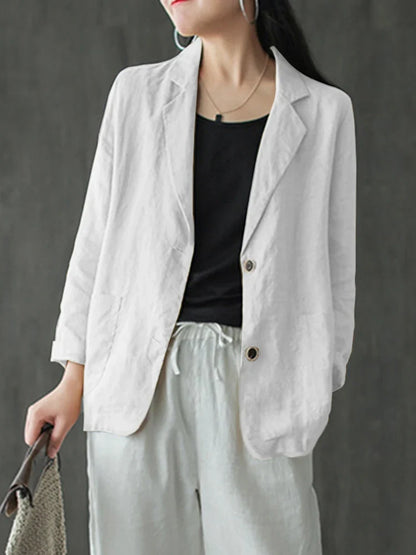 Women Lapel Neck Long Sleeve Blazer Autumn Vintage Casual Solid Cotton Blazer Elegant Cardigan Thin Coats Work Suits