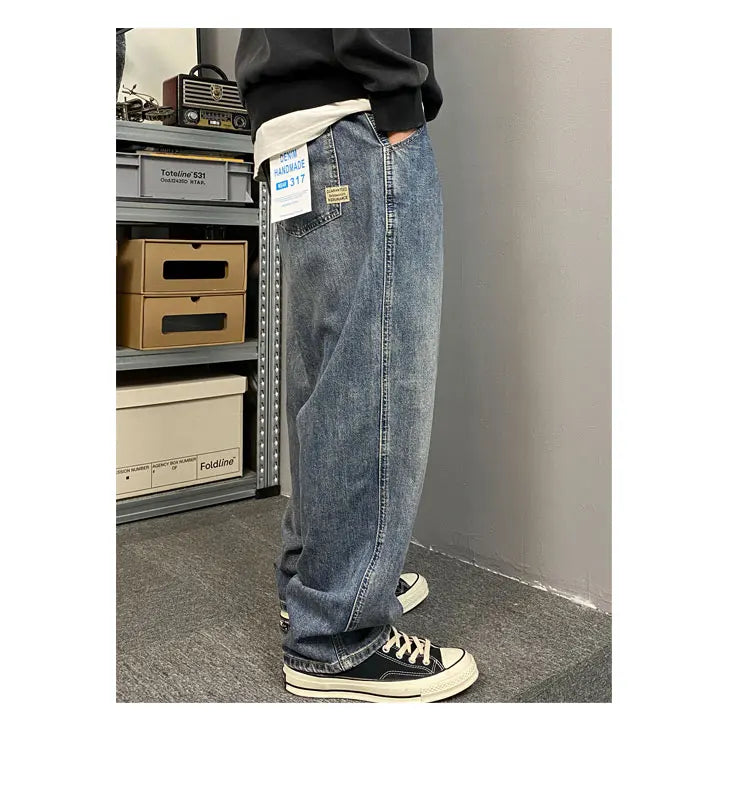 American Style Casual Faded Loose Straight Leg Jeans for Men Spring Autumn Wear Comfortable Wide Leg Pants Youth Fashion