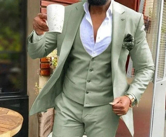3 Pieces Green Men Suit Slim Fit Formal Business Office Casual Suits For Male Wedding Groom Tuxedo Party (Jacket+Pants+Vest )