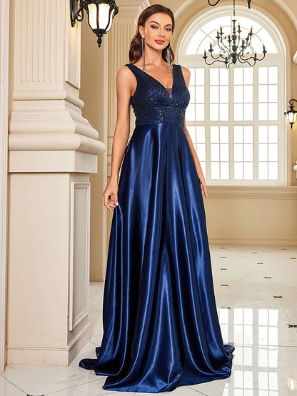 Elegant Sequins Evening Dress For Women 2024 Deep V-neck Satin Prom Party Green Dress Floor Length Blue Formal Gowns