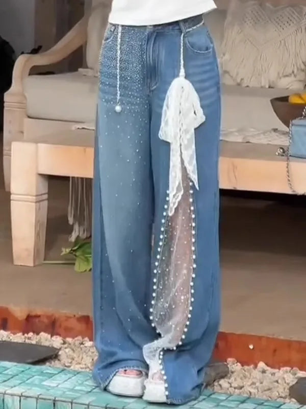 2025 Autumn Winter Women's Denim Pants Mesh Patchwork Y2K Streetwear Baggy Jeans Grunge Japanese Harajuku Cowboy Tide Designer